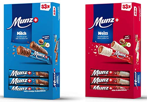 Set MUNZ Prügeli Milch + Weiß | Schweizer Schokolade | Branches Classic | 2 x 33 = 66 Praliné Schokoladenriegel | 1,58 kg Großpackung Mix | Maestrani Milchschokolade + Weiße Schokolade | Glutenfrei von Munz