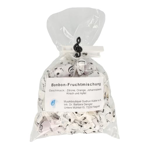 Bonbon-Fruchtmischung mit Noten-Wickelpapier, 100g-Packung mit Violinschlüssel-Klammer Bonbon-Fruchtmischung mit Noten-Wickelpapier, 100g-Packung mit Violinschlüssel-Klammer von Musikboutique