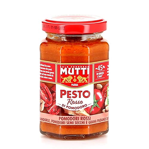 24x Mutti Pesto Rosso Pomodori Rossi Rotes Tomatenpesto Pasta Sauce 100% italienische Tomate Glas 180g Würzsaucen mit Mandeln, Tomaten, getrockneten Samen und Grana Padano von Mutti