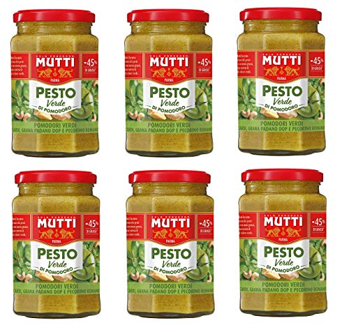 6x Mutti Pesto Verde Pomodori Verdi Grünes Tomatenpesto Pasta Sauce 100% italienische Tomate Glas 180g Würzsaucen mit Cashewnüssen, Grana Padano und Pecorino Romano von Mutti