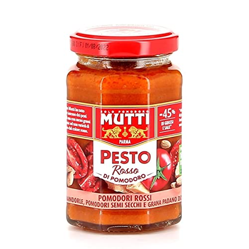 Mutti Pesto Rosso Pomodori Rossi Rotes Tomatenpesto Pasta Sauce 100% italienische Tomate Glas 180g Würzsaucen mit Mandeln, Tomaten, getrockneten Samen und Grana Padano von Mutti