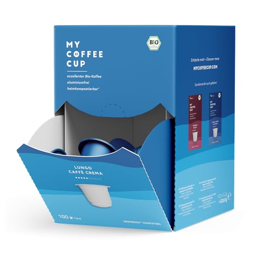 My Coffee Cup – MEGA BOX LUNGO CAFFÈ CREMA – BIO-KAFFEE I 100 Kaffeekapseln für Nespresso®³-Kapselmaschinen I 100% industriell kompostierbar und nachhaltig – 0% Alu von MY-COFFEE CUP