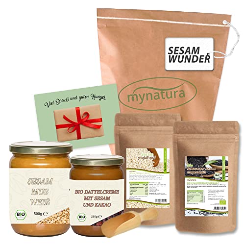 Mynatura SesamwunderI Schwarzer Bio Sesam ganz + Bio Sesam Mus + Weißer Sesam geschält + Bio Dattelcreme mit Sesam und Kakao + Löffel + Karte I Sushi Abend I Kochen von mynatura