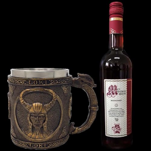 Geschenkset Krug Loki inklusive Met - Honigwein Wikinger Wikingertrunk Beerenmet (Honigwein) (Beerenmet) von MystiCalls