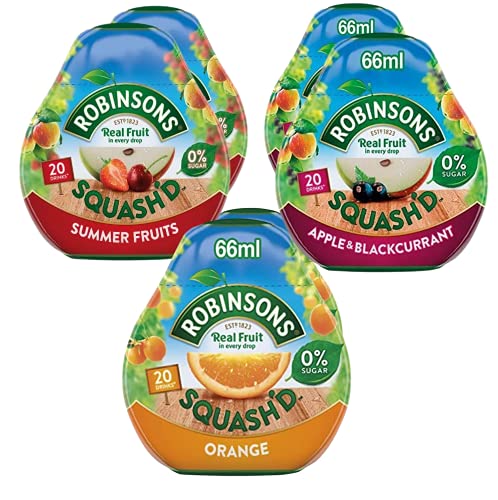 Robinsons Squash'd – 3 x Geschmack, 6 x 66 ml Flaschen, 2 x Sommerfrüchte gebündelt mit 2 x Orange & 2 x Apfel & Schwarze Johannisbeere – ohne Zuckerzusatz echte Früchte in jedem Tropfen von "N/A"
