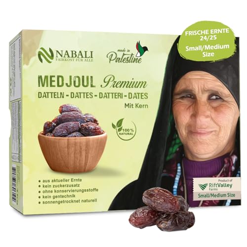 NABALI FAIRKOST FÜR ALLE NABALI FAIRKOST Premium Medjool Datteln aus Palästina 100% Natürlich Aromatisch Traditionell Frisch Orientalisch I frische Ernte I Vegan I 1 kg (1er Pack), Small/Medium von NABALI FAIRKOST FÜR ALLE