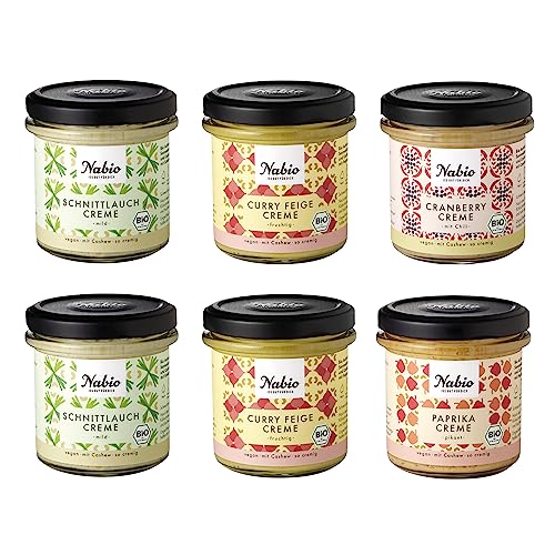 NABIO | Vegane Aufstrich-Creme 6er Box I 2x Schnittlauch, 2x Curry Feige, 1x Cranberry Chili, 1x Paprika I extra cremig mit Cashew I (6x 135 g) von NABIO