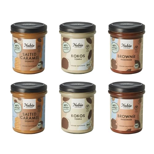 NABIO | Süße Aufstrich Box mit dreimal veganen Brotaufstrich, mit je zwei Stück. Brownie Haselnuss, Salted Caramel und Kokos Tonka als Nachspeise, Frühstück oder als Zwischenmahlzeit (6 x 175g) von NABIO