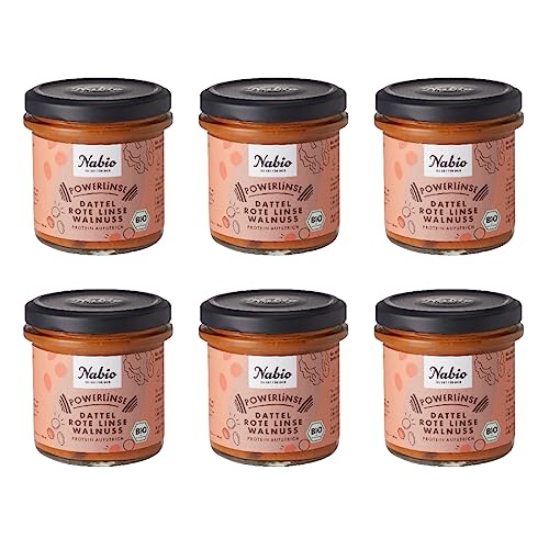 Nabio Protein Aufstrich Rote Linse Walnuss Dattel, Bio Brotaufstrich vegan eiweissreiche Hülsenfrüchte, 6 Stück je 140 g von NABIO