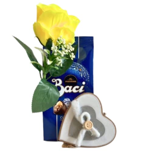 Baci Perugina Geschenk für Mama 2024 – Ostern – Baci Perugina Beutel 125 g + Herz-Aufhänger aus Holz + gelbe künstliche Rose von NARAMAKI