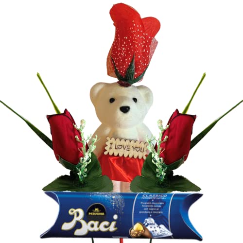 Baci Perugina Geschenk für Mutter 2024 – Baci Perugina 37,5 g Tube + 2 künstliche rote Rosen + Bärendekoration aus Styropor von NARAMAKI