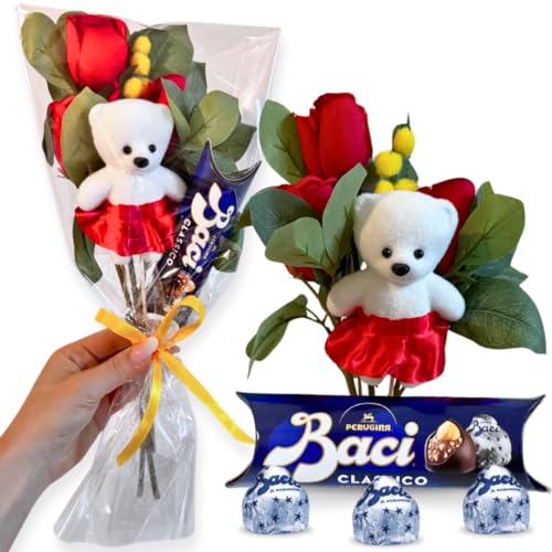Baci Perugina Geschenk für Mutter 2024 – Baci Perugina 37,5 g Tube + 2 künstliche rote Rosen + Bärendekoration aus Styropor von NARAMAKI