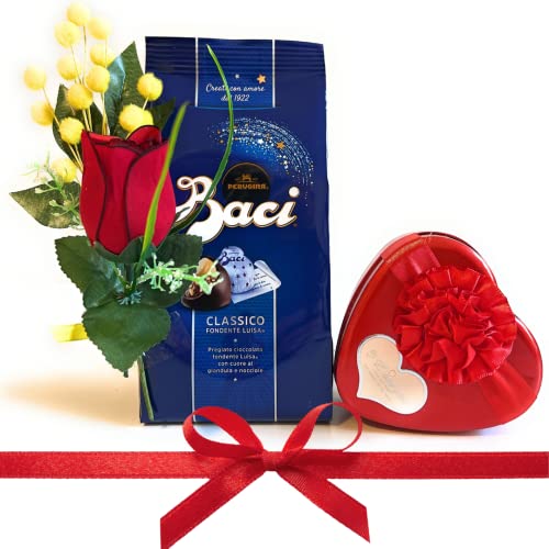 Baci Perugina Geschenk für Mutter 2024 – Herzbox in Dose + Baci-Beutel 125 g + künstliche Mimosen + künstliche rote Rose von NARAMAKI