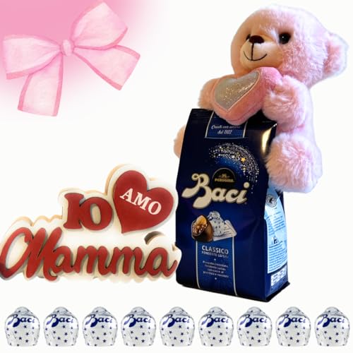 Baci Perugina Muttertag 2024 – Baci-Tasche 125 g + rosa Teddybär + Holzornament mit „I Love Mum“-Schriftzug – originelles Geschenk für Mama von NARAMAKI