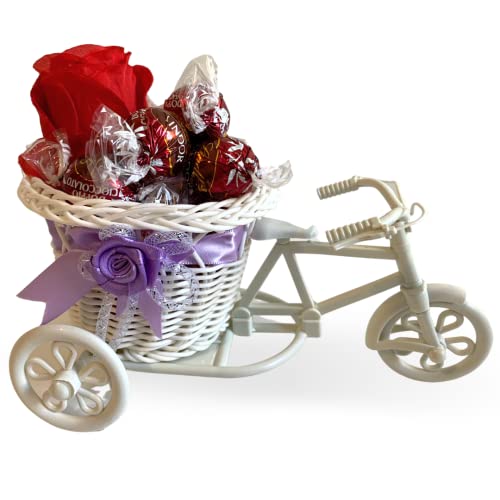 Dreirad-Geschenk zum Muttertag 2024 – 200 g doppeltes Schokoladen-Kornett + künstliche rote Rose + dekoratives Fahrrad mit Korb von NARAMAKI