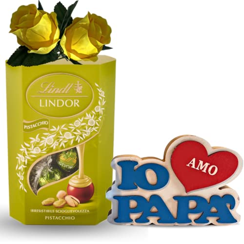 Geburtstagsgeschenk für Papa – 200 g Pistazienschokolade + Holzdekoration „I Love Dad“ + 2 gelbe Rosen von NARAMAKI
