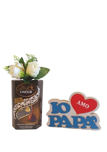 Geburtstagsgeschenk für Papa – 200 g dunkle Schokolade + Holzdekoration „I Love Dad“ + 2 gelbe Rosen (extra dunkel) von NARAMAKI