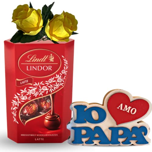 Geburtstagsgeschenk für Papa 2024 – 200 g Milchkornett + Holzdekoration „I Love Dad“ + 2 gelbe Rosen (Milch) von NARAMAKI