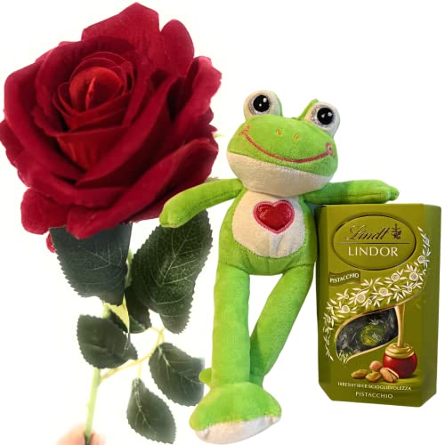 Geburtstagsgeschenk für Vater und Mutter – Froschkönig + Pistazien-Schokoladen-Kornett 200 g + langstielige rote Samtrose – Geschenk für Ihn von NARAMAKI