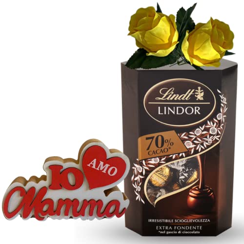 Geschenk für Mama 2024 – 200 g dunkles Schokoladen-Körnchen + Holzdekoration mit Mama-Schriftzug + künstliche Rosen von NARAMAKI