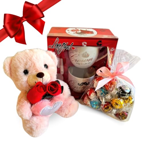 Geschenkidee zum Muttertag 2024 – Set aus Cappuccino-Tassen + Teddybär mit Herz 16 cm + verschiedene Pralinen 200 g + 2 Holzknospen von NARAMAKI