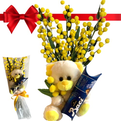 Geschenkideen von Baci Perugina zum Frauentag 2024 – Plüsch 16 cm + Baci Perugina 37,5 g + Mimosenzweige – Geschenkbox 8. März (PLÜSCH + MIMOSE) von NARAMAKI