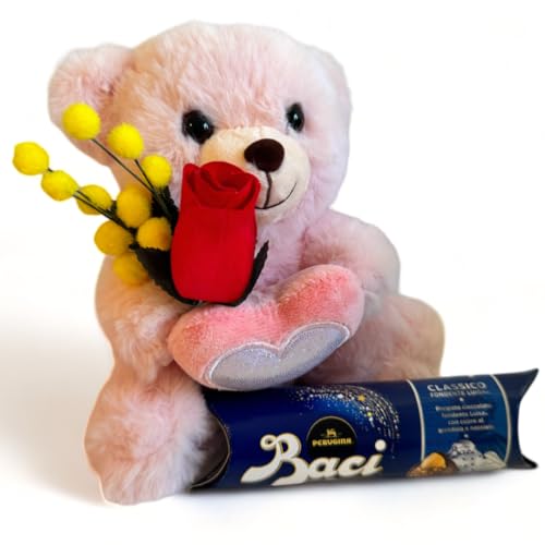 Geschenkideen von Baci Perugina zum Valentinstag für Sie 2024 – Plüsch-Teddybär + Blumenstrauß aus künstlichen Mimosen und hölzernen Knospenblättern + Baci Perugina 37,5 g von NARAMAKI