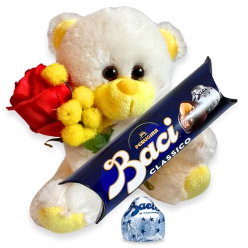 Geschenkideen von Baci Perugina zum Frauentag 2025 – Plüsch-Teddybär + Blumenstrauß aus künstlichen Mimosen und hölzernen Knospenblättern + Baci Perugina 37,5 g| Freundin|8. März von NARAMAKI
