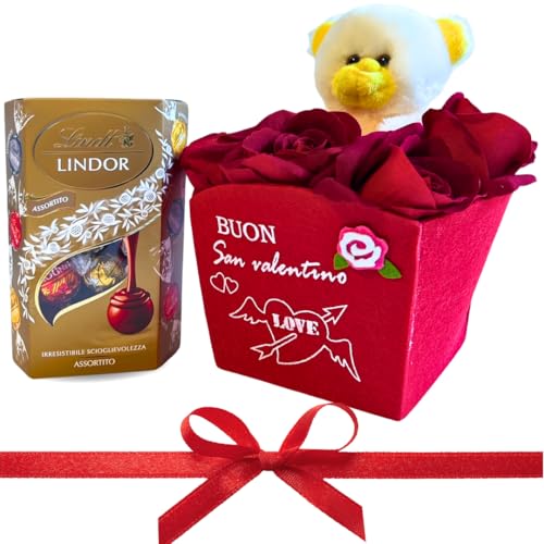 Lindt Lindor Geschenk zum Valentinstag 2024 – roter Filzkorb + Samtrosen + Puppe „Sweet Eyes“ + 200 g sortiertes Lindt Lindor von NARAMAKI