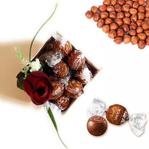 Lindt Lindor Valentinstag 2024 - Box mit Deckel + 100 g Lindt Lindor Special Flavours + künstliche Rose – Geschenkbox inklusive (HASELNUSS) von NARAMAKI