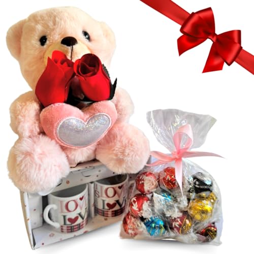 Muttertagsgeschenk 2024 – Kaffeetassen-Set „I LOVE YOU“ + Teddybär mit Herz 16 cm + 200 g verschiedene Pralinen + Holzknospen von NARAMAKI