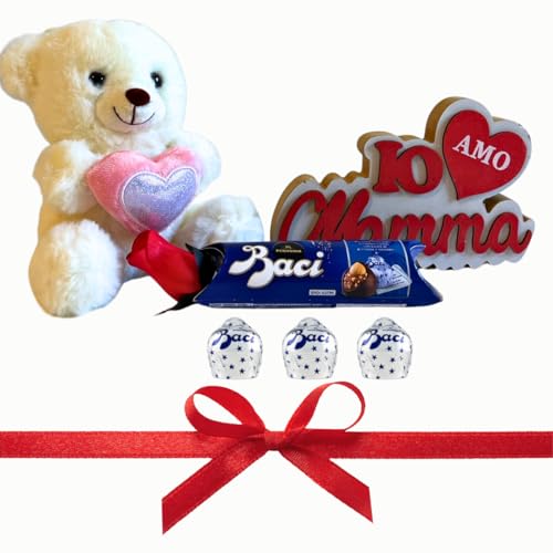 Muttertagsgeschenk 2024 – Weißer Teddybär + Baci Perugina 37,5 g + rote Rose + Ornament mit der Aufschrift „I Love Mom“. von NARAMAKI