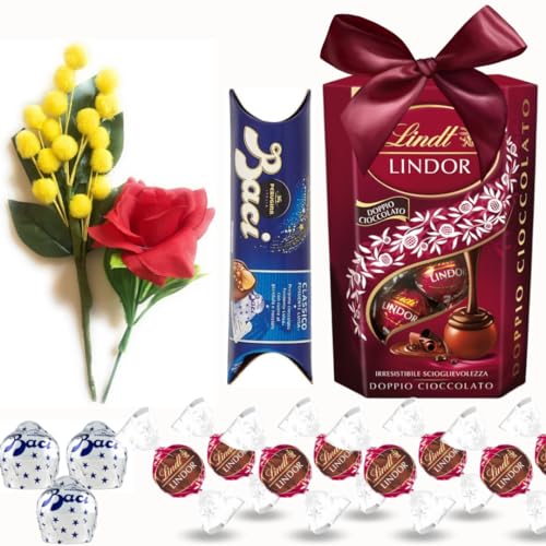 Muttertagsgeschenk 2024 – künstlicher Mimosenzweig und rote Rose + Perugina-Röhre + doppeltes Schokoladenkornett von NARAMAKI