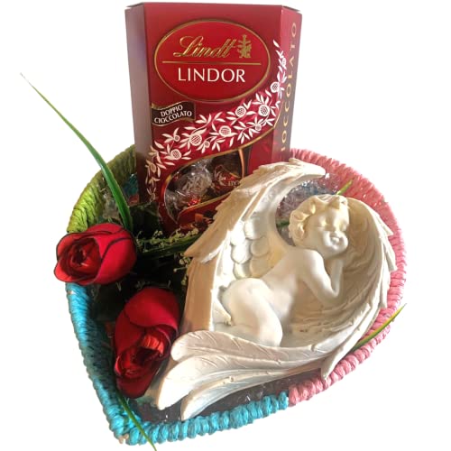 Muttertagsgeschenk – Ostern 2024 – Korb + 200 g doppeltes Schokoladenkornett + Engelsstatue aus Kunstharz (liegender Engel mit drei Flügeln, 18 x 10,5 cm) von NARAMAKI