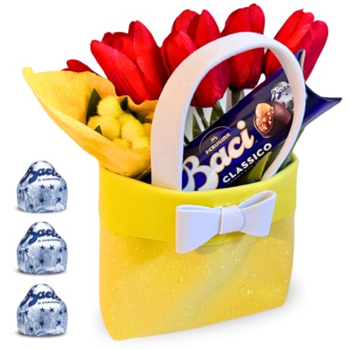 NARAMAKI ® Geschenkideen zum Muttertag 2024 Gelbe Handtasche mit Griffen 15x14cm + 125gr Beutel Baci Perugina + Strauß bunter Tulpen + Mimosenzweig von NARAMAKI