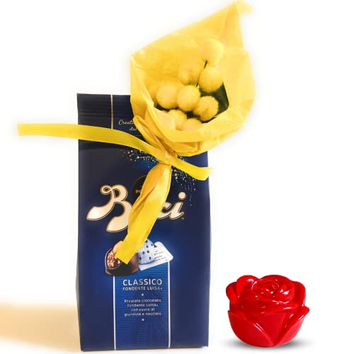 Baci Perugina Muttertag 2024 – Baci Perugina Classico 125 g + künstlicher Mimosenstrauß + leuchtend rote Rose – Muttergeschenk von NARAMAKI