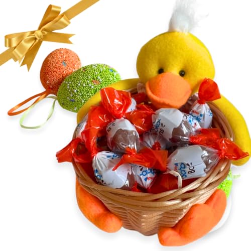 Ostereier 2025 - Oster-Rattankorb 17cm + 125g Kinder Schoko Bons Eier + Osterdeko Eier von NARAMAKI