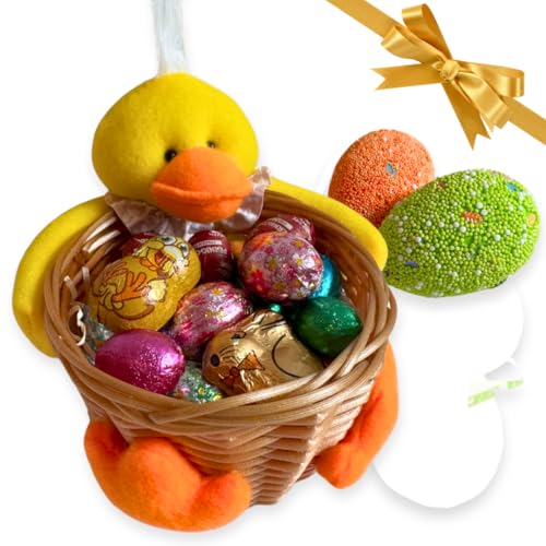 Ostereier 2025 - Osterkorb aus Rattan 17 cm + 200g Schoko-Eier verschiedene Geschmacksrichtungen + Deko-Ostereier - Ostergeschenk von NARAMAKI
