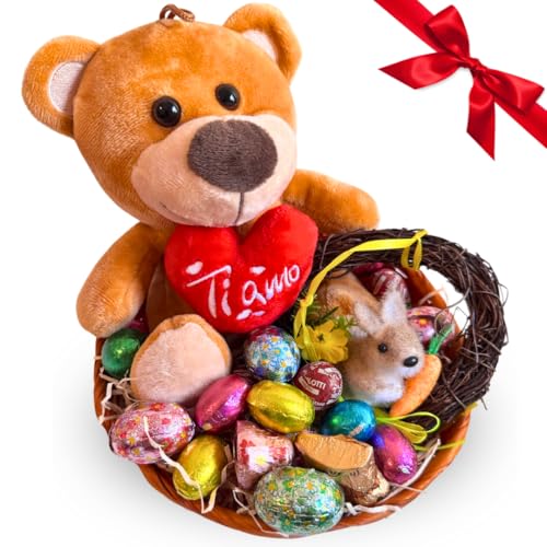 Ostergeschenk 2025 - Weidenkorb mit 200g verschiedenen Schokoladeneiern + 16cm Herzplüsch + Osterhänger Ostergeschenk 2025 - Weidenkorb mit 200g verschiedenen Schokoladeneiern + 16cm Herzplüsch + Osterhänger von NARAMAKI
