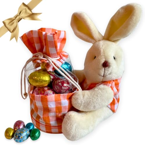 Ostergeschenkidee 2024 – 18 cm großes Kaninchen-Kunststoffglas + 200 g Schokoladeneier in verschiedenen Geschmacksrichtungen von NARAMAKI
