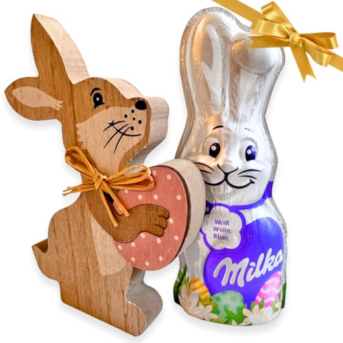 Ostergeschenkideen 2025 - Holzhase 18cm + 90g weißer Schokoladenhase - im Geschenkbeutel mit Osterdeko von NARAMAKI