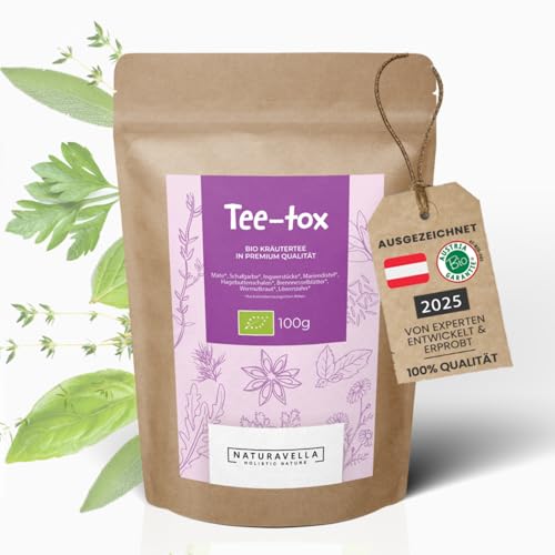 Dr. Elisabeth Tee-tox | Bio Bitter Kräuter-Tee mit Mate, Schafgarbe, Ingwer, Mariendistel, Brennnessel | Leber | ca. 50 Tassen | Tee Lose 100g von NATURAVELLA HOLISTIC HEALTH