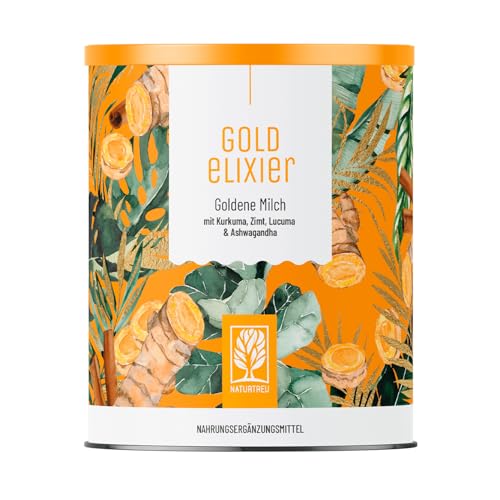 NATURTREU® Goldelixier Goldene Milch Pulver - zur Zubereitung von Kurkuma Latte - enthält 300 g Pulver- Golden Milk mit Curcuma Ashwagandha & Zimt - vegan und laborgeprüft von NATURTREU