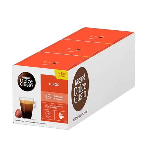 NESCAFÉ Dolce Gusto Lungo Kaffeekapseln (100 Prozent Arabica Bohnen, Feine Crema und kräftiges Aroma, Schnelle Zubereitung, Aromaversiegelte Kapseln) 3er Pack (3 x 16 Kapseln) von NESCAFÉ DOLCE GUSTO