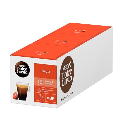 NESCAFÉ Dolce Gusto Lungo Kaffeekapseln (100 Prozent Arabica Bohnen, Feine Crema und kräftiges Aroma, Schnelle Zubereitung, Aromaversiegelte Kapseln) 3er Pack (3 x 16 Kapseln) von NESCAFÉ DOLCE GUSTO