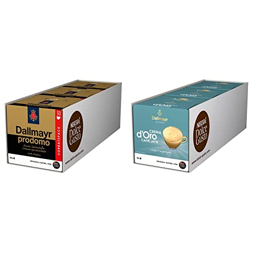 NESCAFÉ Dolce Gusto Dallmayr Prodomo, XXL-Vorratsbox, 90 Kaffeekapseln (3 x 30 Kapseln) & Dallmayr Crema d'Oro Caffè Latte (48 Kaffeekapseln, 48 Getränke, cremig&ausgewogen) 3er Pack (3 x 16 Kapseln) von NESCAFÉ DOLCE GUSTO