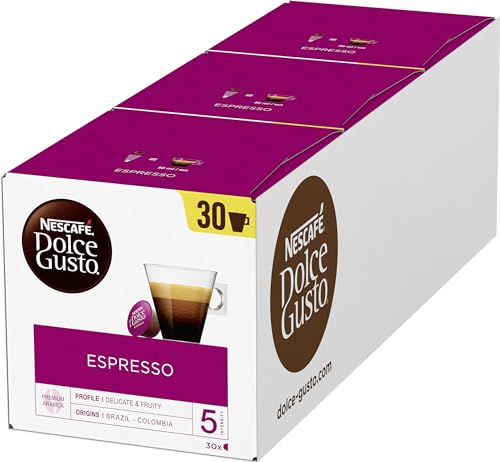 NESCAFÉ Dolce Gusto Espresso, XXL-Vorratsbox, 90 Kaffeekapseln, 100% edle Arabica Bohnen, Charaktervoller Espresso, Fruchtige Granatapfelnote, Aromaversiegelte Kapseln, 3er Pack (3x30 Kapseln) von NESCAFÉ DOLCE GUSTO