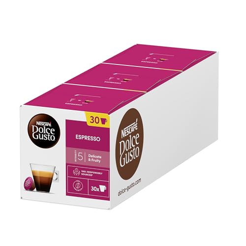 NESCAFÉ Dolce Gusto Espresso, XXL-Vorratsbox, 90 Kaffeekapseln, 100% edle Arabica Bohnen, Charaktervoller Espresso, Fruchtige Granatapfelnote, Aromaversiegelte Kapseln, 3er Pack (3x30 Kapseln) von NESCAFÉ DOLCE GUSTO