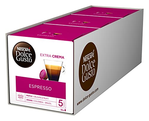 NESCAFÉ Dolce Gusto Espresso, 48 Kaffeekapseln, 100% edle Arabica Bohnen, Charaktervoller Espresso, Fruchtige Granatapfelnote, Samtige Crema, Aromaversiegelte Kapseln, 3er Pack (3x16 Kapseln) von NESCAFÉ Dolce Gusto
