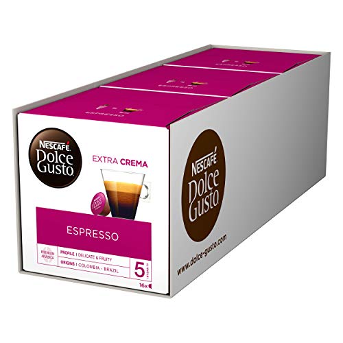 NESCAFÉ Dolce Gusto Espresso | 48 Kaffeekapseln | 100% edle Arabica Bohnen | Charaktervoller Espresso | Fruchtige Granatapfelnote | Samtige Crema | Aromaversiegelte Kapseln | 3er Pack (3 x 16 Kapseln) von NESCAFÉ Dolce Gusto